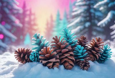The primary subject of the image is a group of pine cones, which are the main objects in the scene. The setting is a snowy environment, with the pine cones sitting on a snow-covered ground. The visual style of the image is digital art, as it appears to be a computer-generated or digitally rendered scene. The colors and mood of the image are predominantly white and cold, with the snow and pine cones creating a serene and wintry atmosphere.